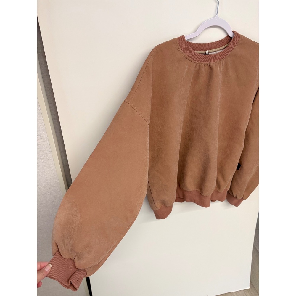 Streetwear Minimalist Sweatshirt Faux Suede Crewneck Women 2XL Dusty Rose Pink